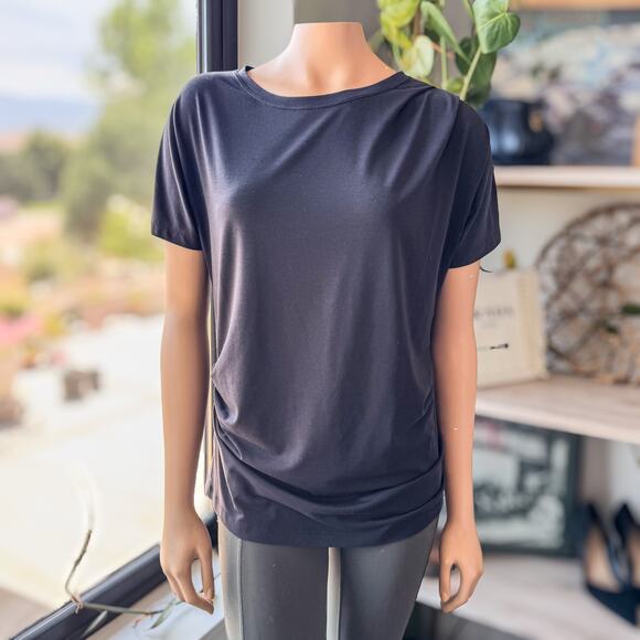 Athleta Essence Pleated Ruched Short Sleeve Relaxed Fit Black Tee-Women’s Medium - Picture 1 of 8